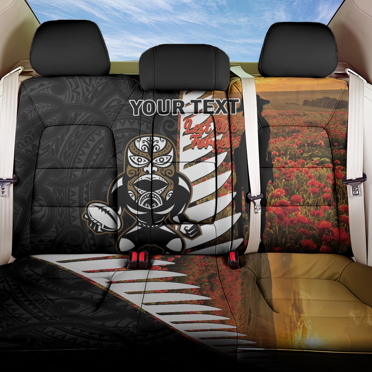 Custom New Zealand Silver Fern Rugby ANZAC Day Back Car Seat Cover 2024 All Black Tiki Mascot LT14 One Size Black - Polynesian Pride