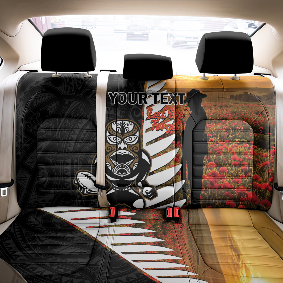 Custom New Zealand Silver Fern Rugby ANZAC Day Back Car Seat Cover 2024 All Black Tiki Mascot LT14 - Polynesian Pride