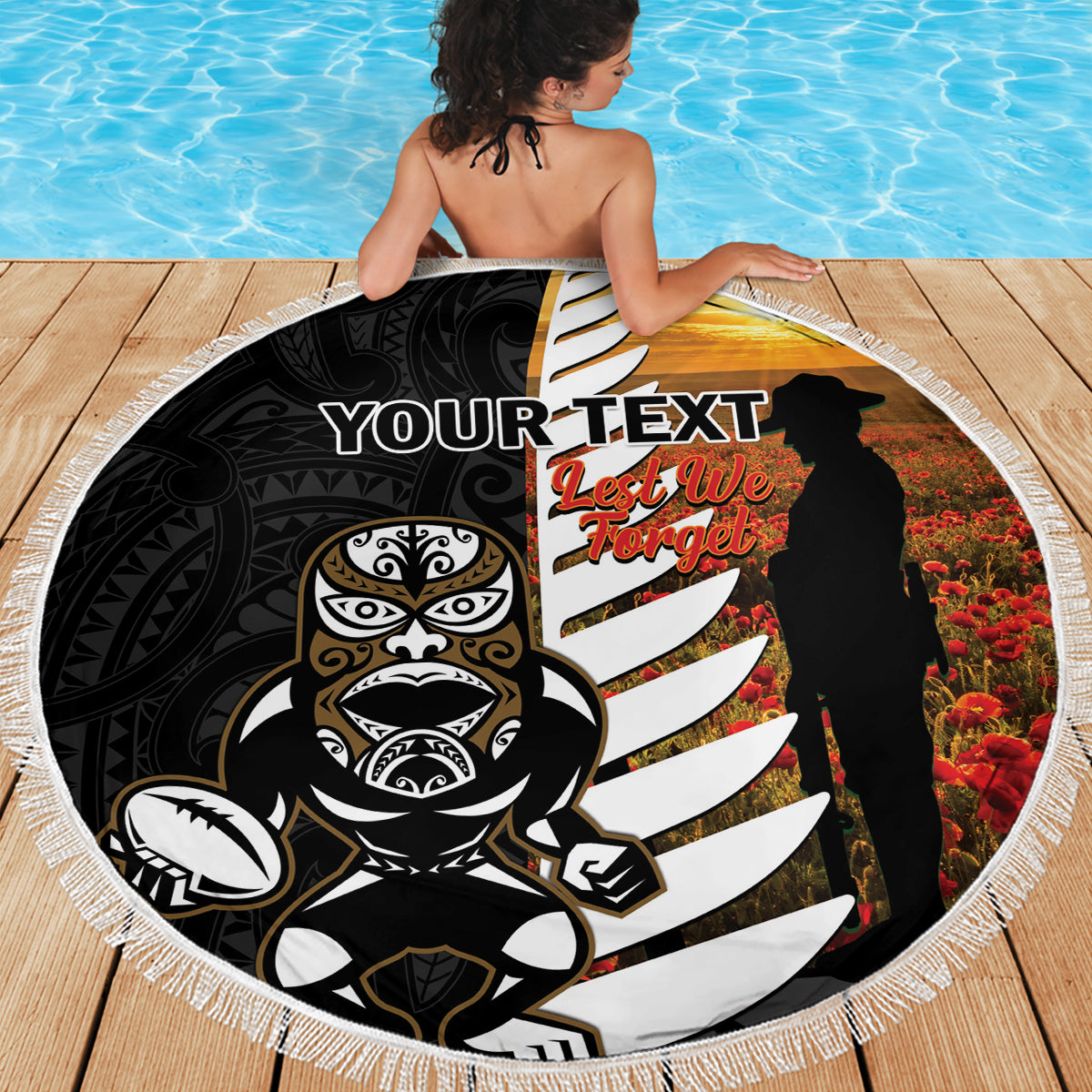 Custom New Zealand Silver Fern Rugby ANZAC Day Beach Blanket 2024 All Black Tiki Mascot LT14 - Polynesian Pride