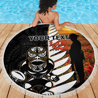 Custom New Zealand Silver Fern Rugby ANZAC Day Beach Blanket 2024 All Black Tiki Mascot LT14 - Polynesian Pride
