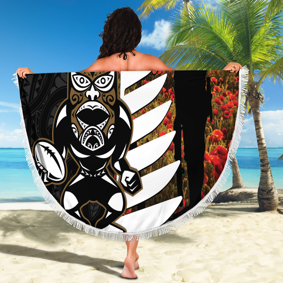Custom New Zealand Silver Fern Rugby ANZAC Day Beach Blanket 2024 All Black Tiki Mascot LT14 - Polynesian Pride