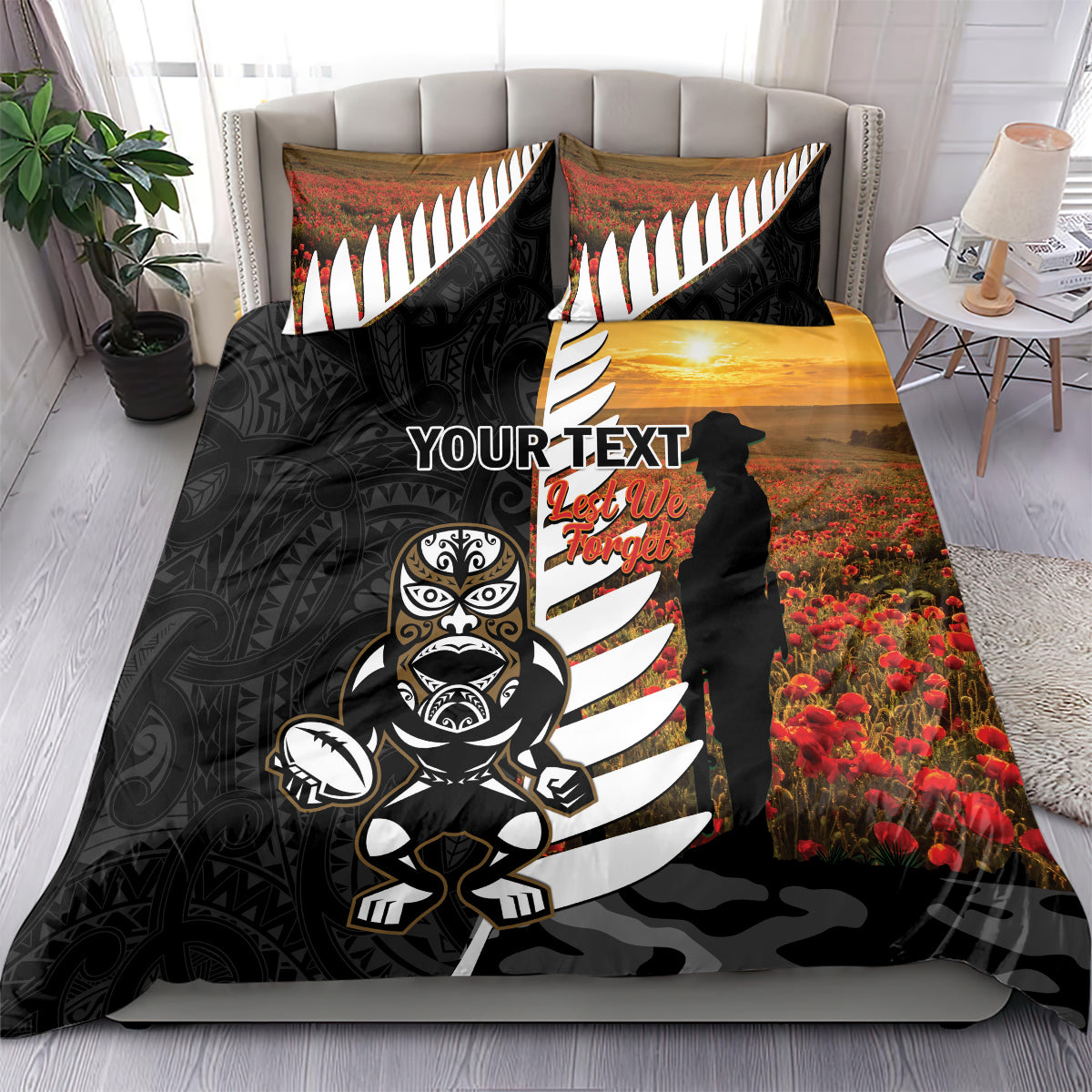 Custom New Zealand Silver Fern Rugby ANZAC Day Bedding Set 2024 All Black Tiki Mascot LT14 - Polynesian Pride