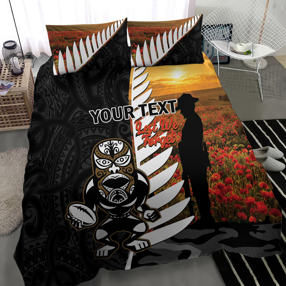Custom New Zealand Silver Fern Rugby ANZAC Day Bedding Set 2024 All Black Tiki Mascot LT14 - Polynesian Pride