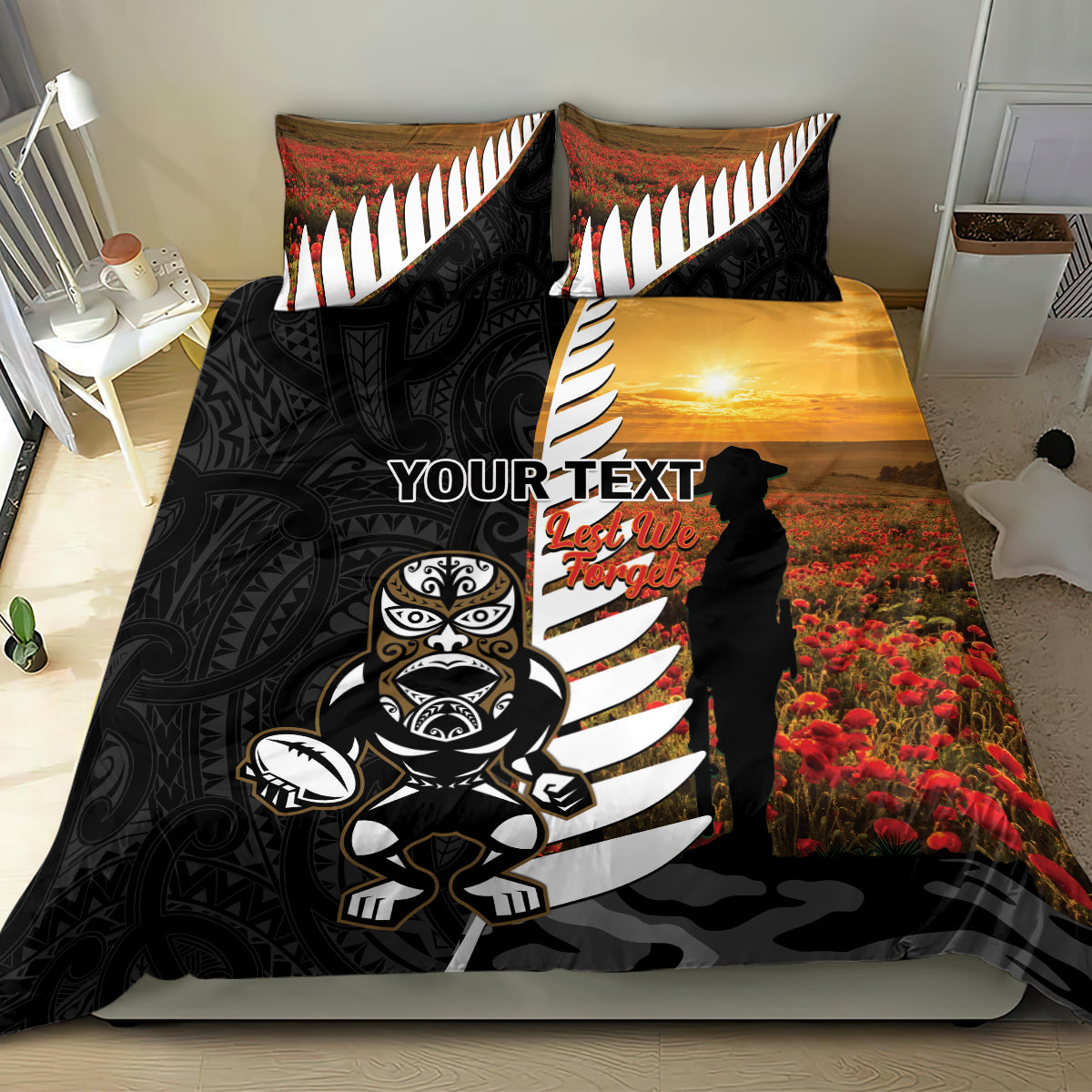 Custom New Zealand Silver Fern Rugby ANZAC Day Bedding Set 2024 All Black Tiki Mascot LT14 - Polynesian Pride