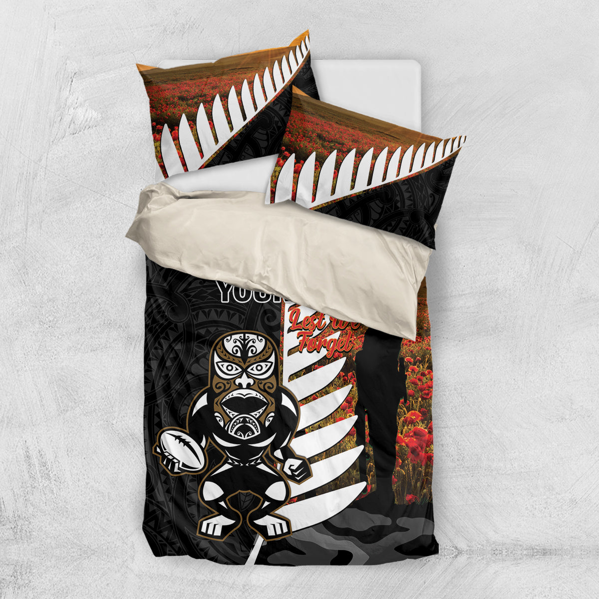 Custom New Zealand Silver Fern Rugby ANZAC Day Bedding Set 2024 All Black Tiki Mascot LT14 US Twin 172cm x 218cm Black - Polynesian Pride