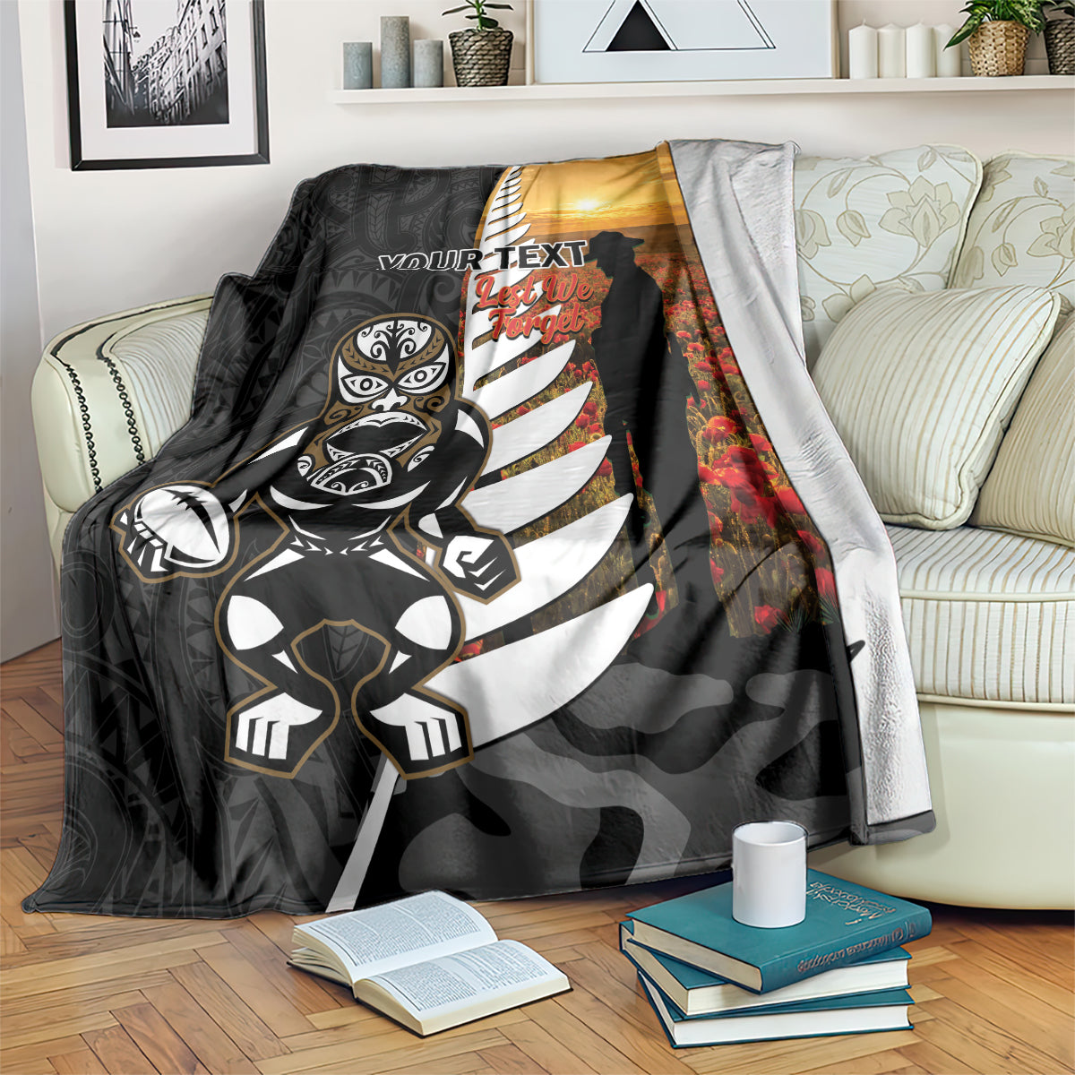 Custom New Zealand Silver Fern Rugby ANZAC Day Blanket 2024 All Black Tiki Mascot LT14 Black - Polynesian Pride