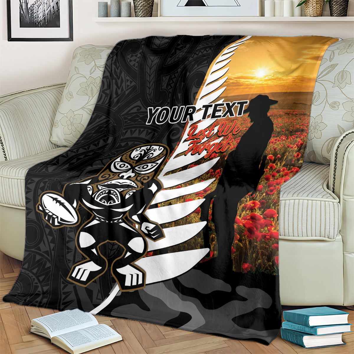 Custom New Zealand Silver Fern Rugby ANZAC Day Blanket 2024 All Black Tiki Mascot LT14 - Polynesian Pride
