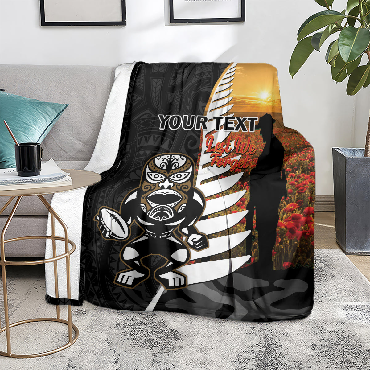 Custom New Zealand Silver Fern Rugby ANZAC Day Blanket 2024 All Black Tiki Mascot LT14 - Polynesian Pride