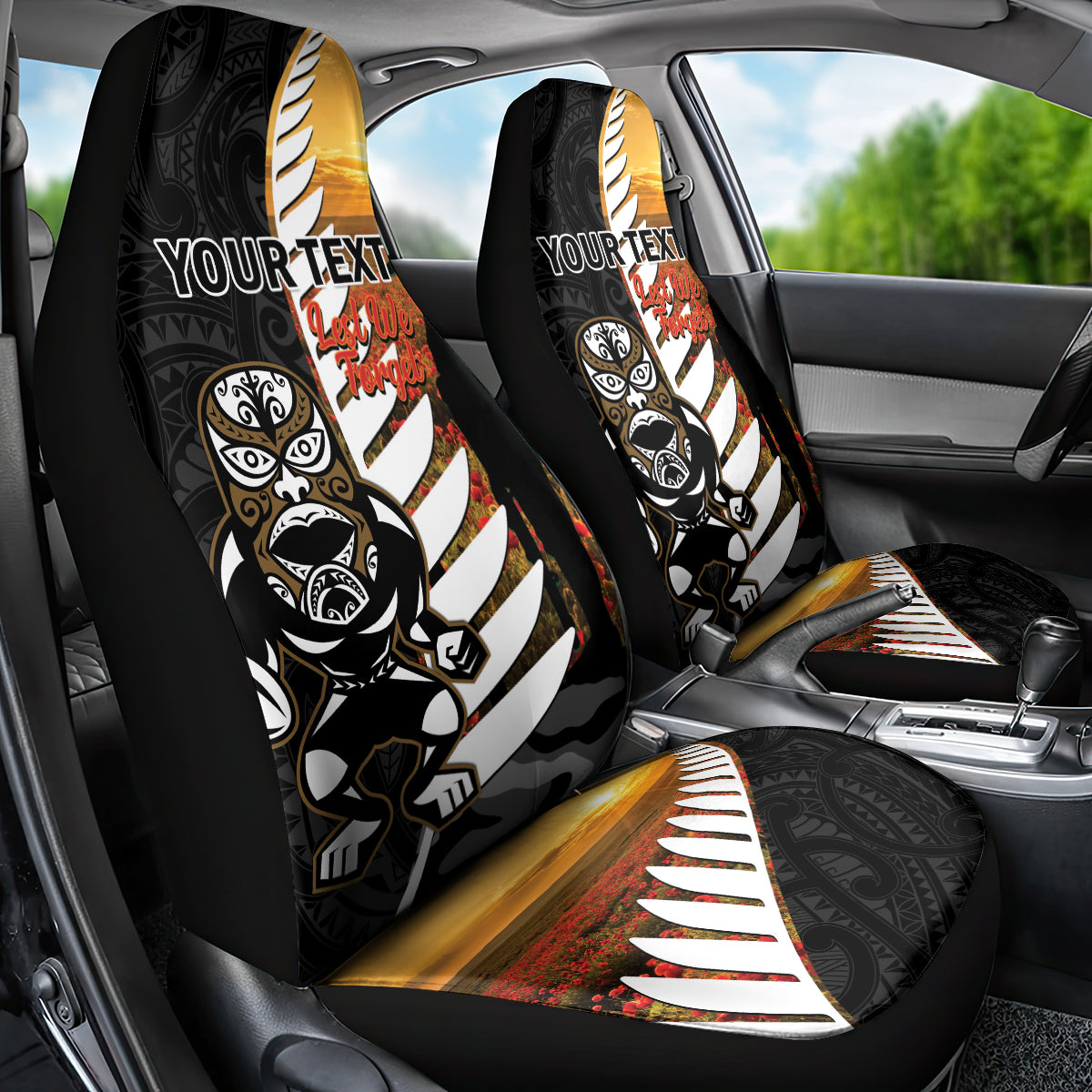 Custom New Zealand Silver Fern Rugby ANZAC Day Car Seat Cover 2024 All Black Tiki Mascot LT14 - Polynesian Pride