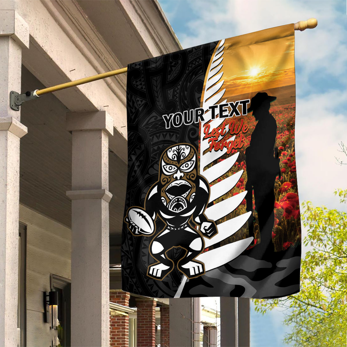 Custom New Zealand Silver Fern Rugby ANZAC Day Garden Flag 2024 All Black Tiki Mascot LT14 House Flag Black - Polynesian Pride