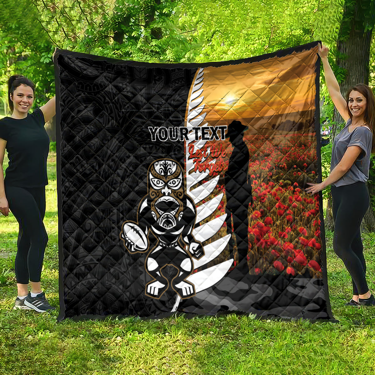 Custom New Zealand Silver Fern Rugby ANZAC Day Quilt 2024 All Black Tiki Mascot LT14 - Polynesian Pride