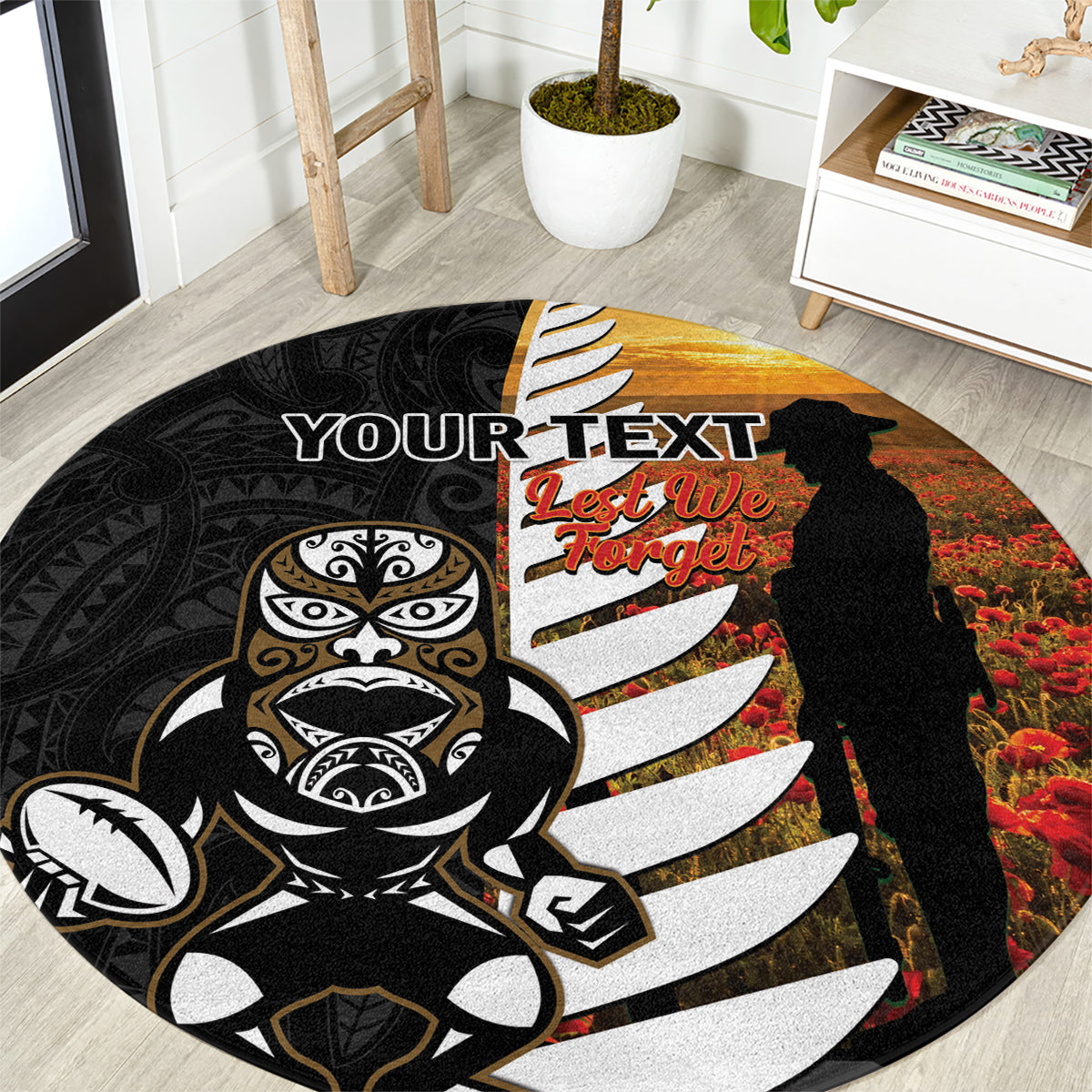Custom New Zealand Silver Fern Rugby ANZAC Day Round Carpet 2024 All Black Tiki Mascot LT14 Black - Polynesian Pride