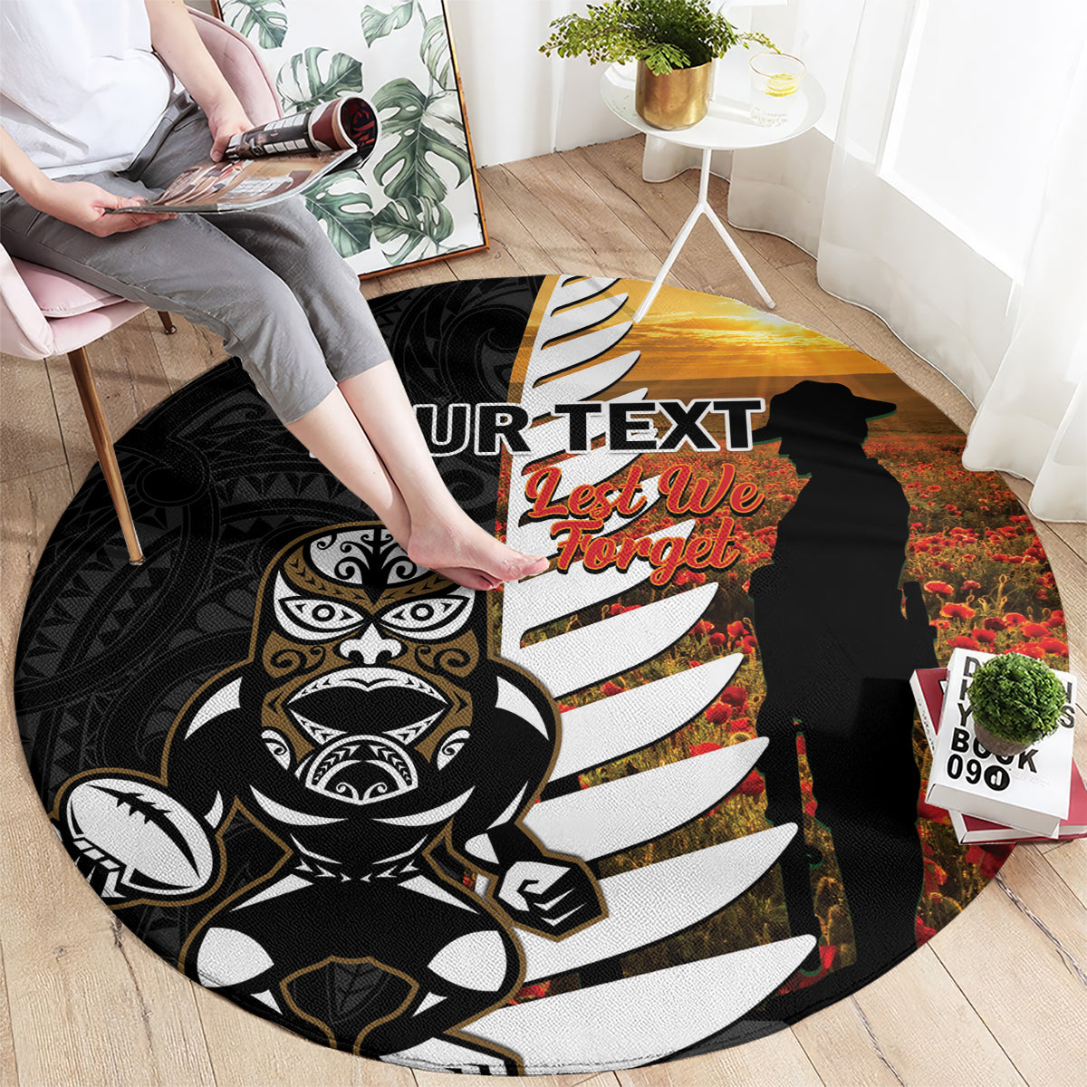 Custom New Zealand Silver Fern Rugby ANZAC Day Round Carpet 2024 All Black Tiki Mascot LT14 - Polynesian Pride
