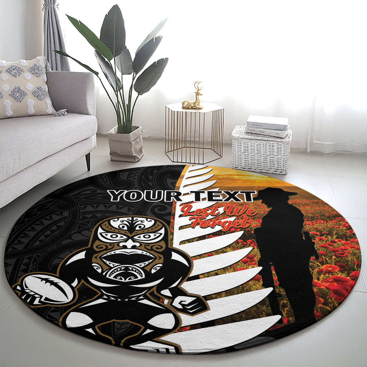 Custom New Zealand Silver Fern Rugby ANZAC Day Round Carpet 2024 All Black Tiki Mascot LT14 - Polynesian Pride