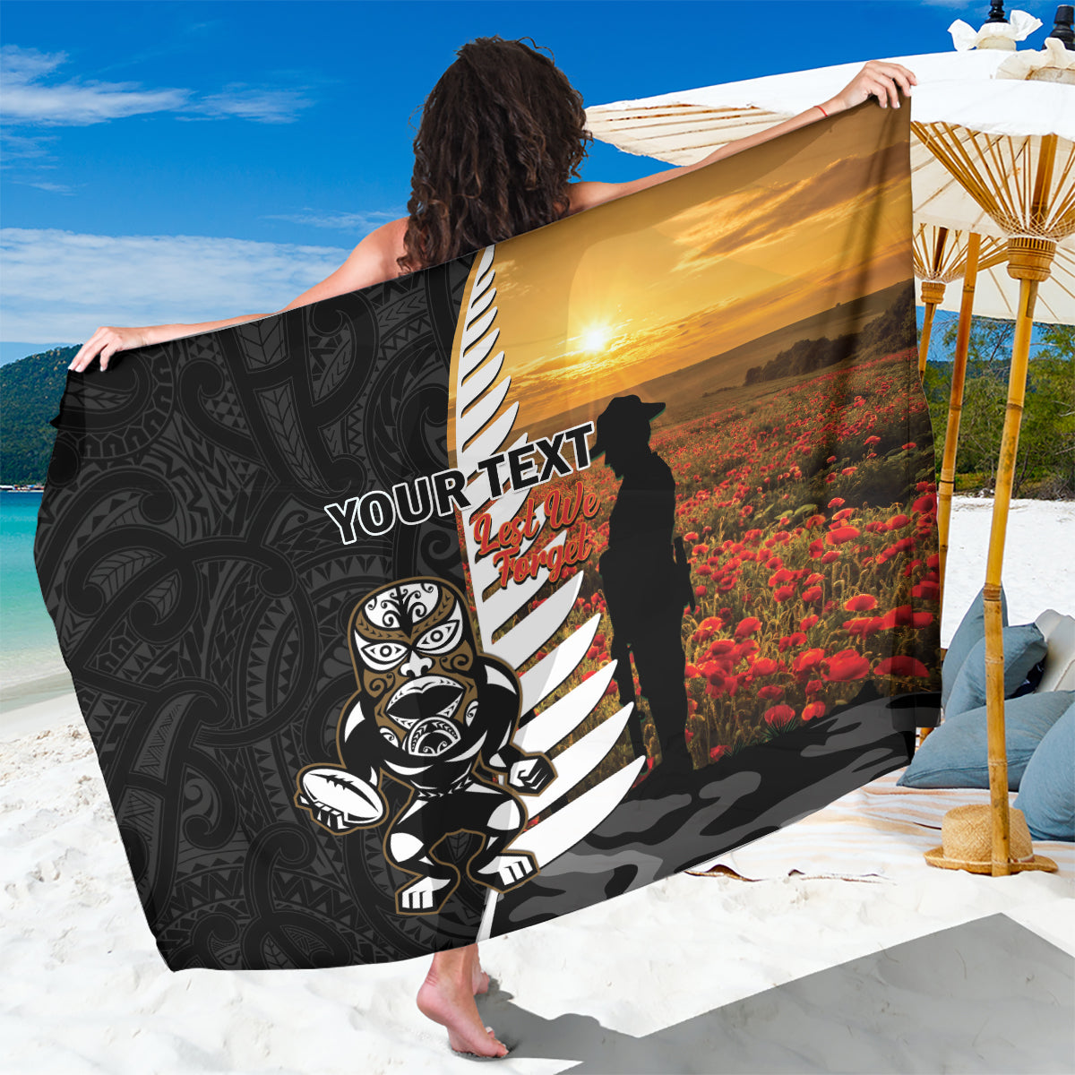 Custom New Zealand Silver Fern Rugby ANZAC Day Sarong 2024 All Black Tiki Mascot LT14 One Size 44 x 66 inches Black - Polynesian Pride