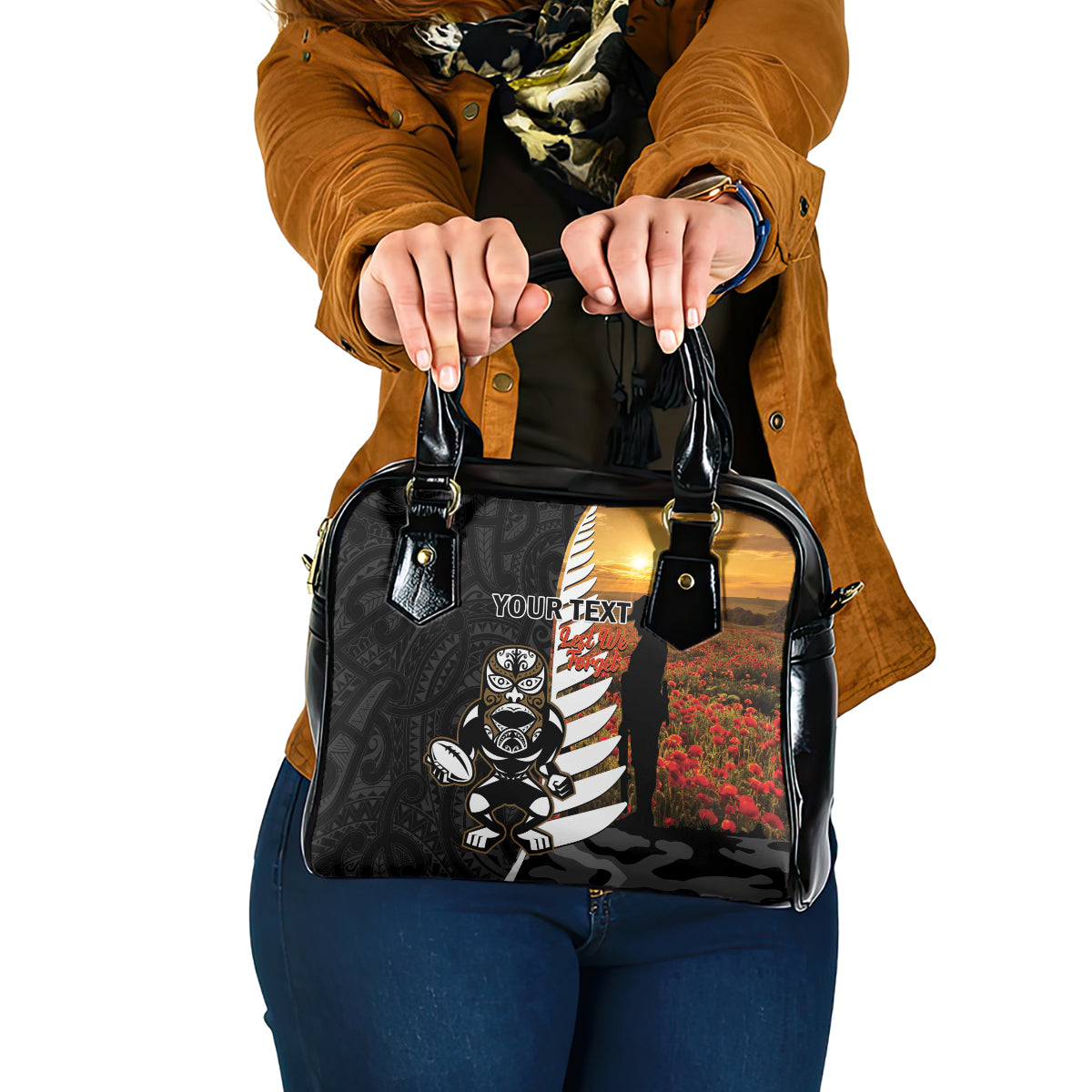 Custom New Zealand Silver Fern Rugby ANZAC Day Shoulder Handbag 2024 All Black Tiki Mascot LT14 One Size Black - Polynesian Pride
