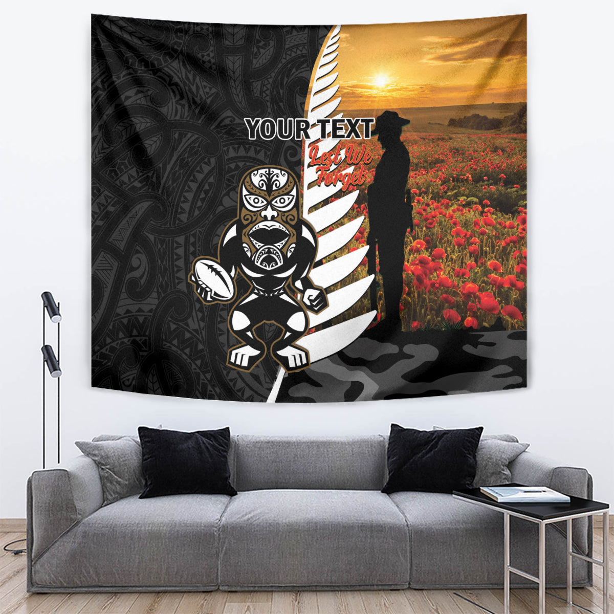 Custom New Zealand Silver Fern Rugby ANZAC Day Tapestry 2024 All Black Tiki Mascot LT14 Black - Polynesian Pride