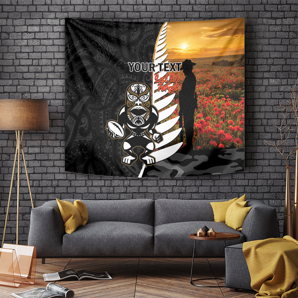 Custom New Zealand Silver Fern Rugby ANZAC Day Tapestry 2024 All Black Tiki Mascot LT14 - Polynesian Pride