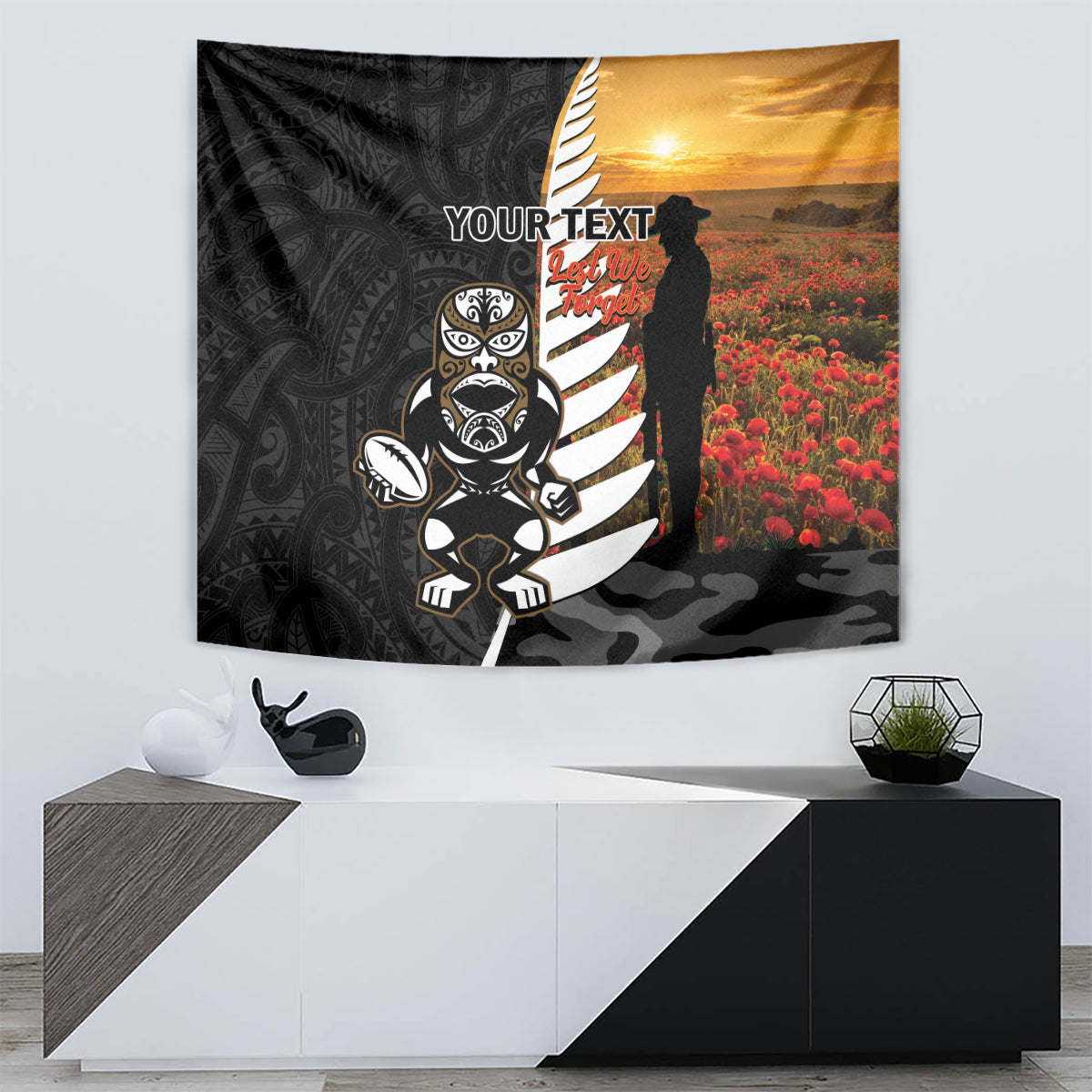 Custom New Zealand Silver Fern Rugby ANZAC Day Tapestry 2024 All Black Tiki Mascot LT14 - Polynesian Pride