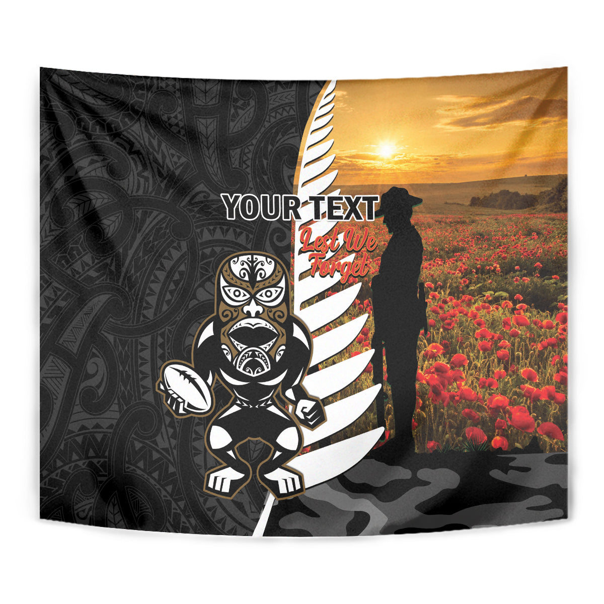 Custom New Zealand Silver Fern Rugby ANZAC Day Tapestry 2024 All Black Tiki Mascot LT14 - Polynesian Pride