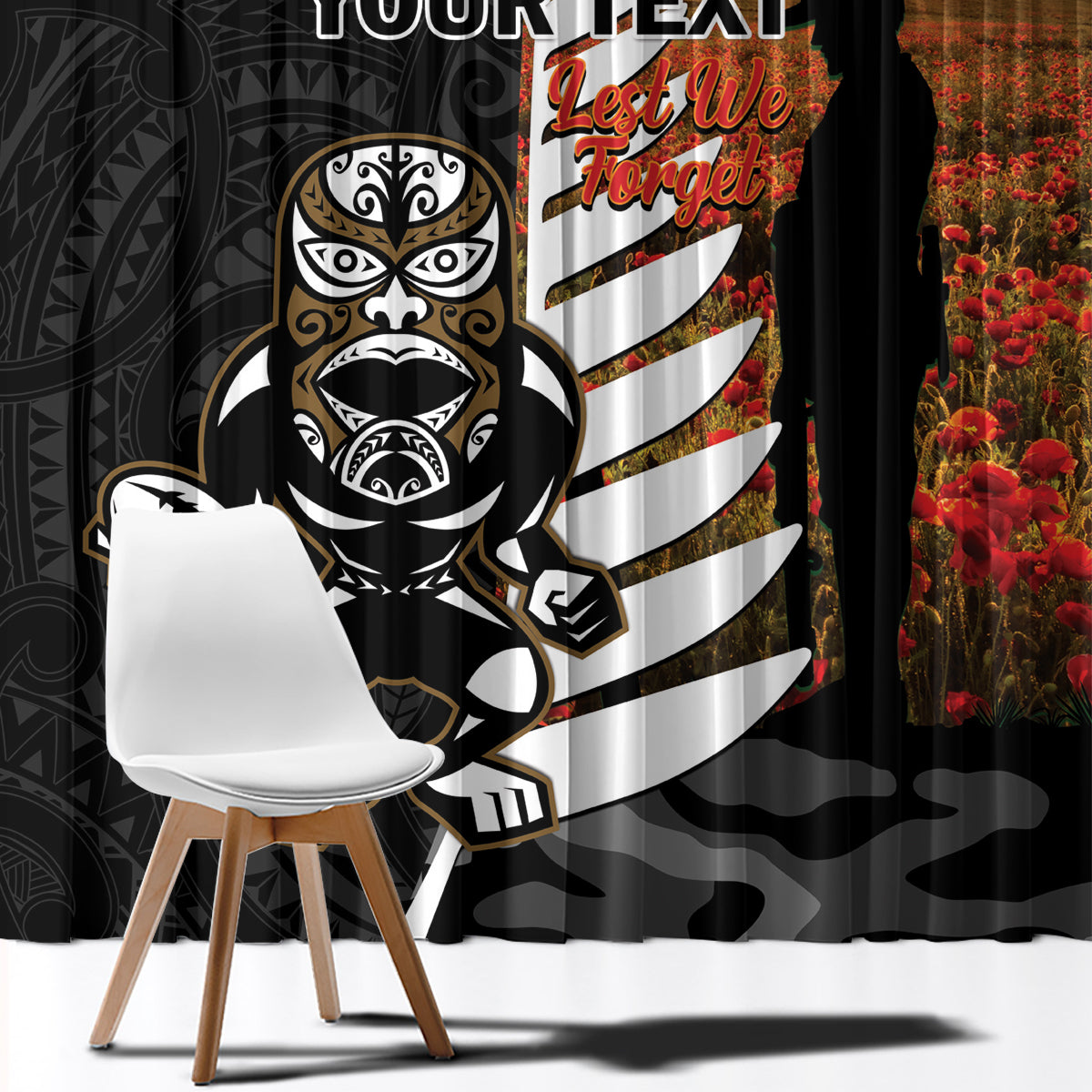 Custom New Zealand Silver Fern Rugby ANZAC Day Window Curtain 2024 All Black Tiki Mascot LT14 - Polynesian Pride