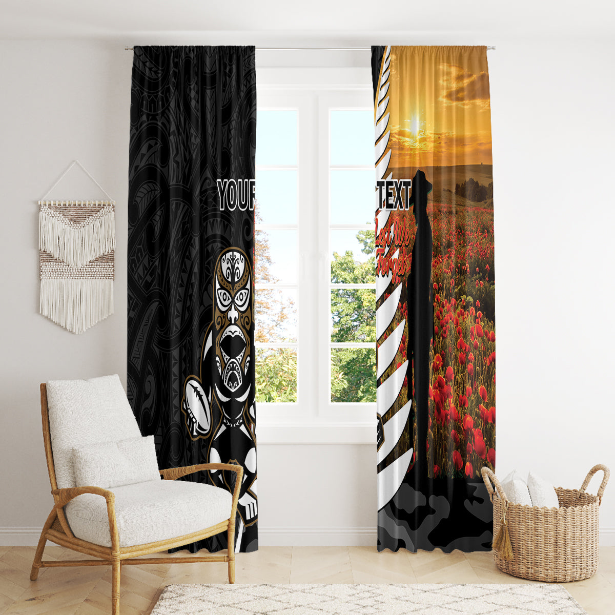 Custom New Zealand Silver Fern Rugby ANZAC Day Window Curtain 2024 All Black Tiki Mascot LT14 - Polynesian Pride