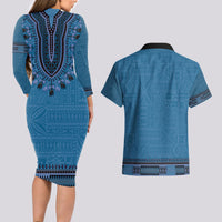 Blue African Dashiki With Fijian Tapa Pattern Couples Matching Long Sleeve Bodycon Dress and Hawaiian Shirt LT14 - Polynesian Pride
