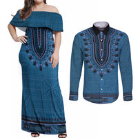 Blue African Dashiki With Fijian Tapa Pattern Couples Matching Off Shoulder Maxi Dress and Long Sleeve Button Shirt LT14 Blue - Polynesian Pride