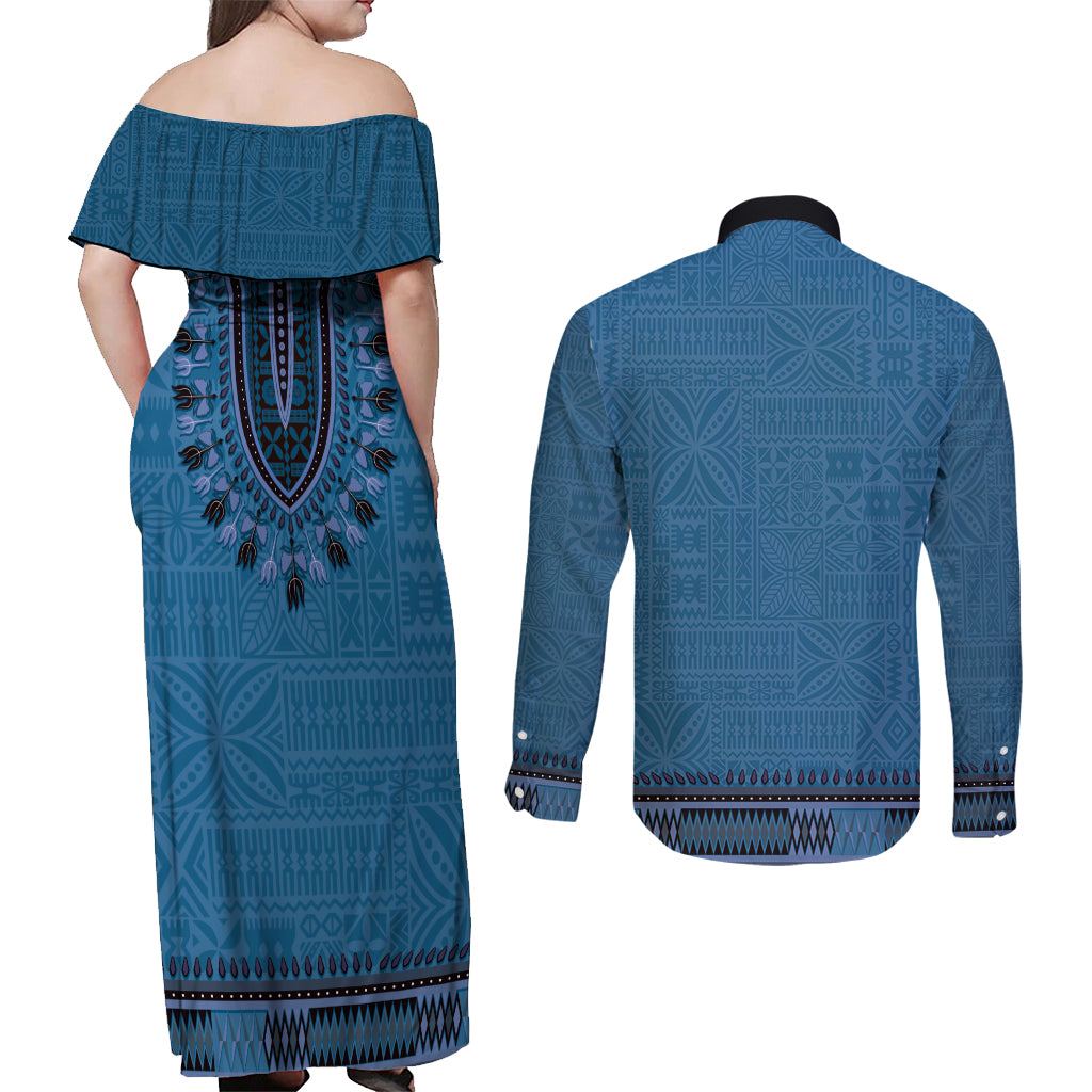 Blue African Dashiki With Fijian Tapa Pattern Couples Matching Off Shoulder Maxi Dress and Long Sleeve Button Shirt LT14 - Polynesian Pride