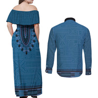 Blue African Dashiki With Fijian Tapa Pattern Couples Matching Off Shoulder Maxi Dress and Long Sleeve Button Shirt LT14 - Polynesian Pride