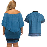 Blue African Dashiki With Fijian Tapa Pattern Couples Matching Off Shoulder Short Dress and Hawaiian Shirt