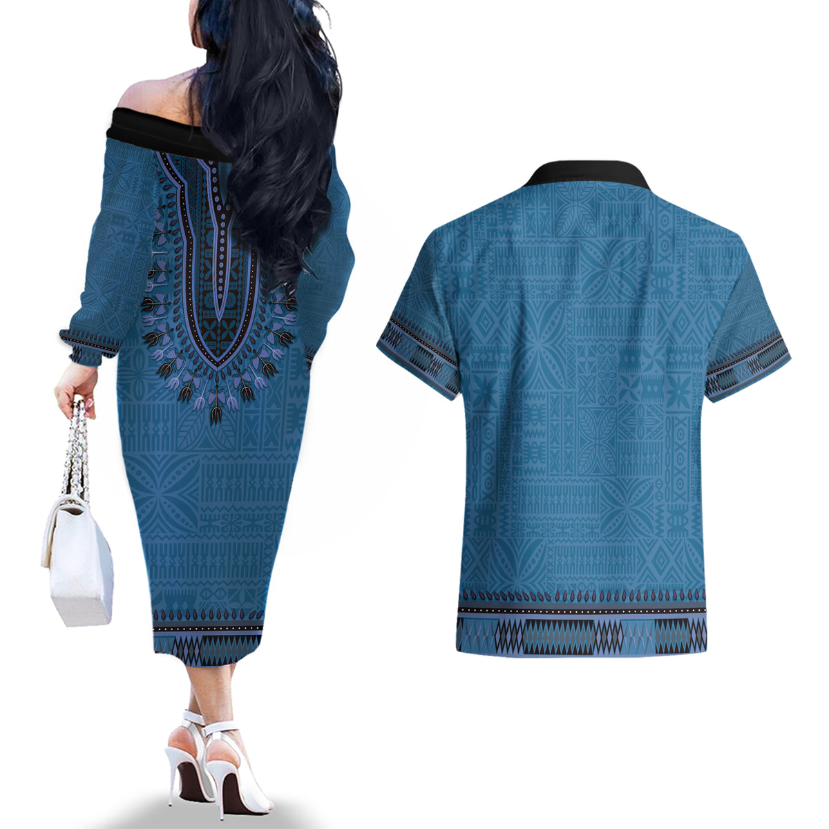 Blue African Dashiki With Fijian Tapa Pattern Couples Matching Off The Shoulder Long Sleeve Dress and Hawaiian Shirt LT14 - Polynesian Pride