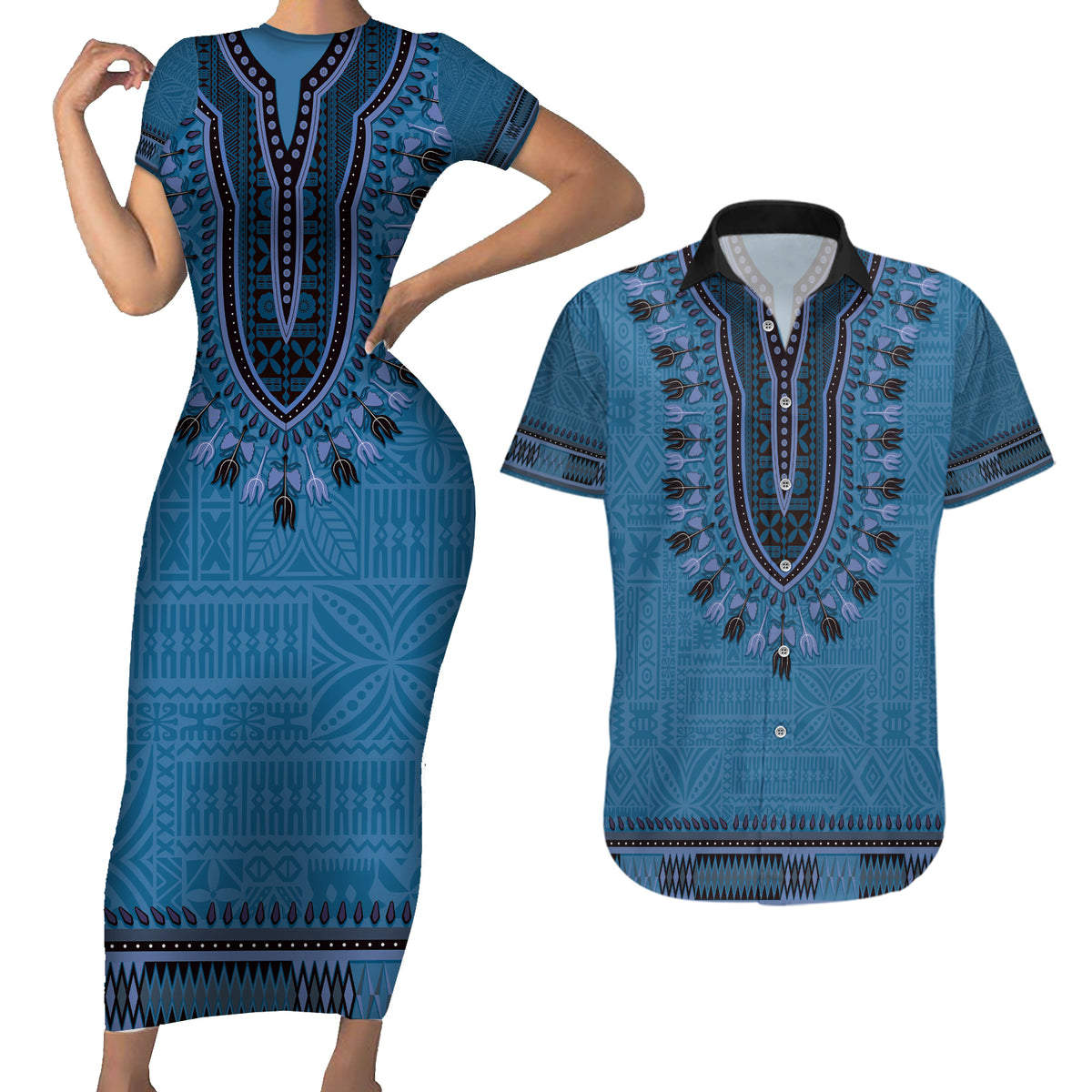 Blue African Dashiki With Fijian Tapa Pattern Couples Matching Short Sleeve Bodycon Dress and Hawaiian Shirt LT14 Blue - Polynesian Pride