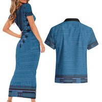 Blue African Dashiki With Fijian Tapa Pattern Couples Matching Short Sleeve Bodycon Dress and Hawaiian Shirt LT14 - Polynesian Pride