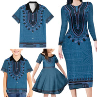 Blue African Dashiki With Fijian Tapa Pattern Family Matching Long Sleeve Bodycon Dress and Hawaiian Shirt LT14 - Polynesian Pride