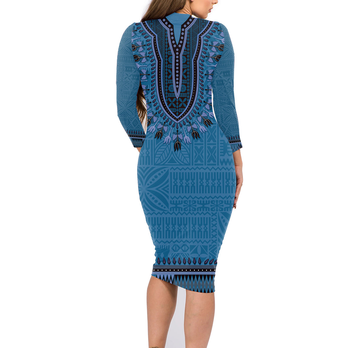 Blue African Dashiki With Fijian Tapa Pattern Family Matching Long Sleeve Bodycon Dress and Hawaiian Shirt LT14 - Polynesian Pride