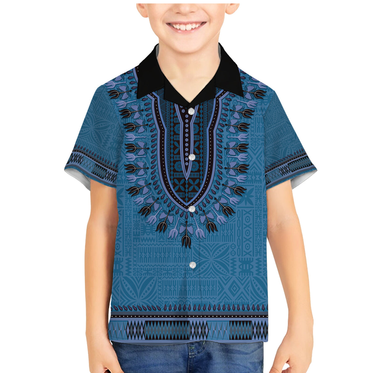 Blue African Dashiki With Fijian Tapa Pattern Family Matching Mermaid Dress and Hawaiian Shirt LT14 Son's Shirt Blue - Polynesian Pride