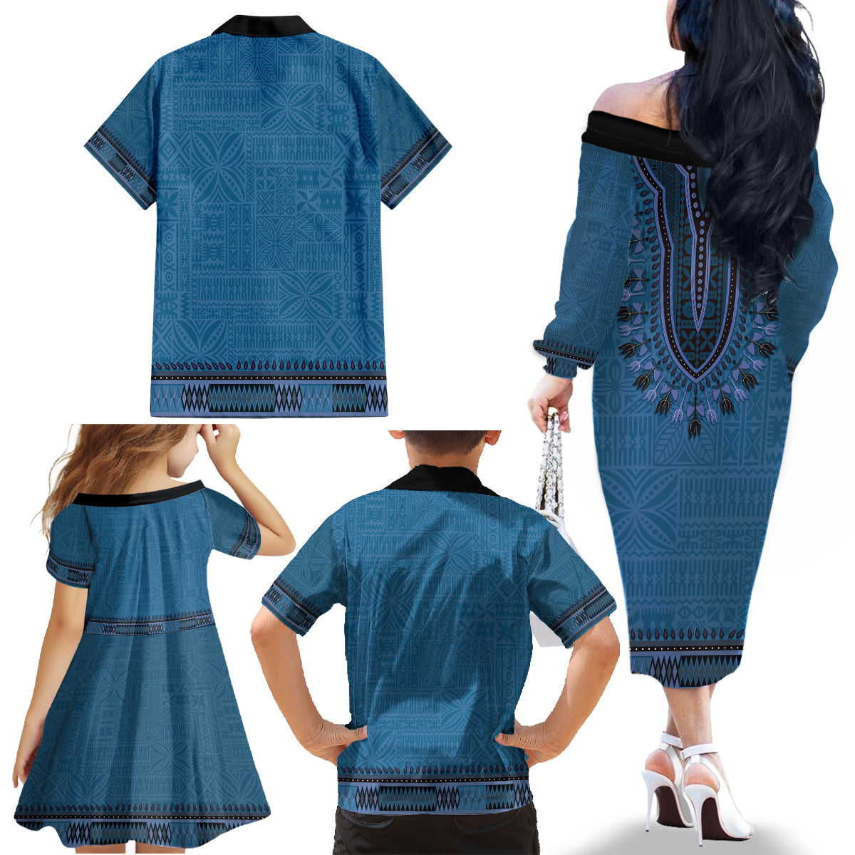 Blue African Dashiki With Fijian Tapa Pattern Family Matching Off The Shoulder Long Sleeve Dress and Hawaiian Shirt LT14 - Polynesian Pride