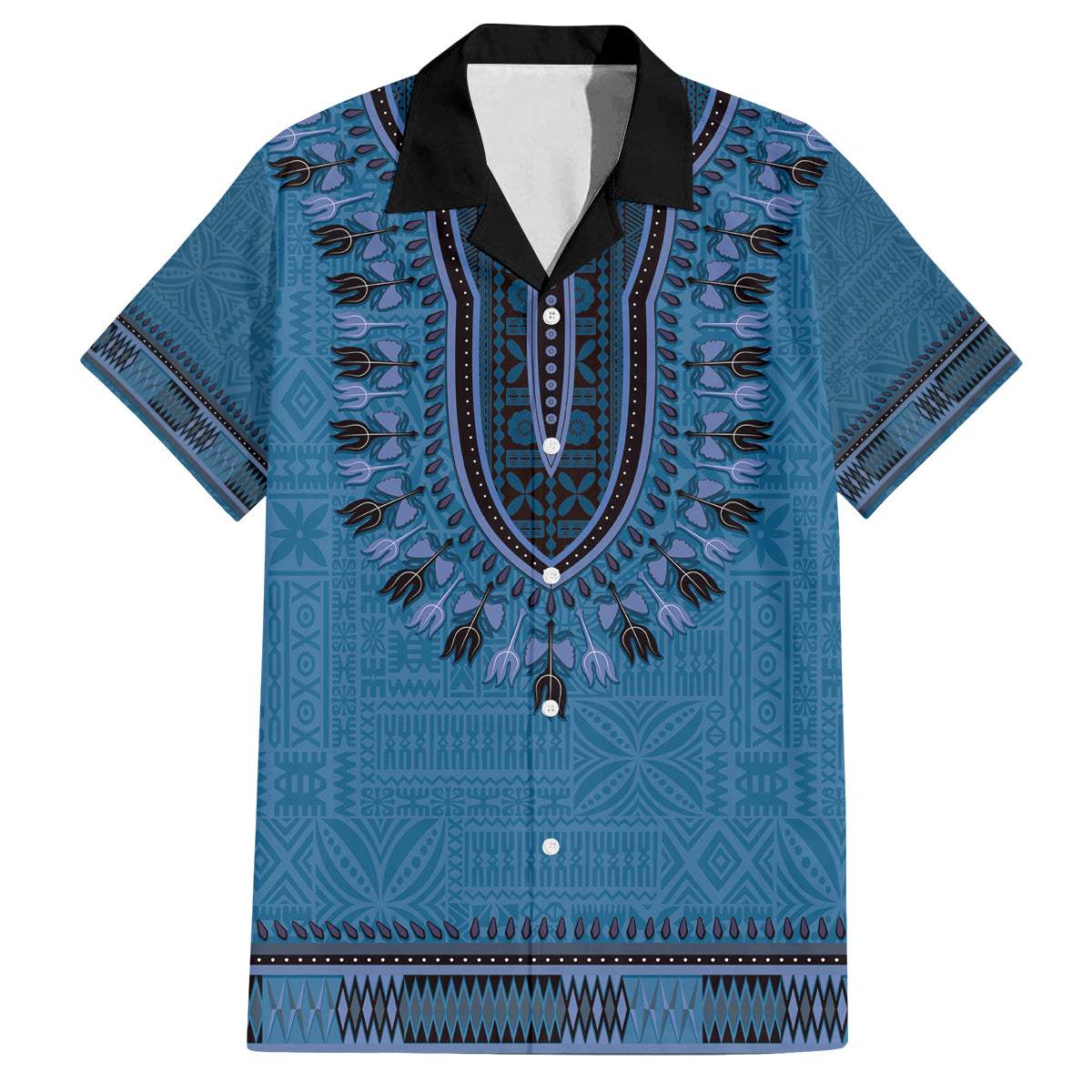 Blue African Dashiki With Fijian Tapa Pattern Family Matching Off The Shoulder Long Sleeve Dress and Hawaiian Shirt LT14 Dad's Shirt - Short Sleeve Blue - Polynesian Pride