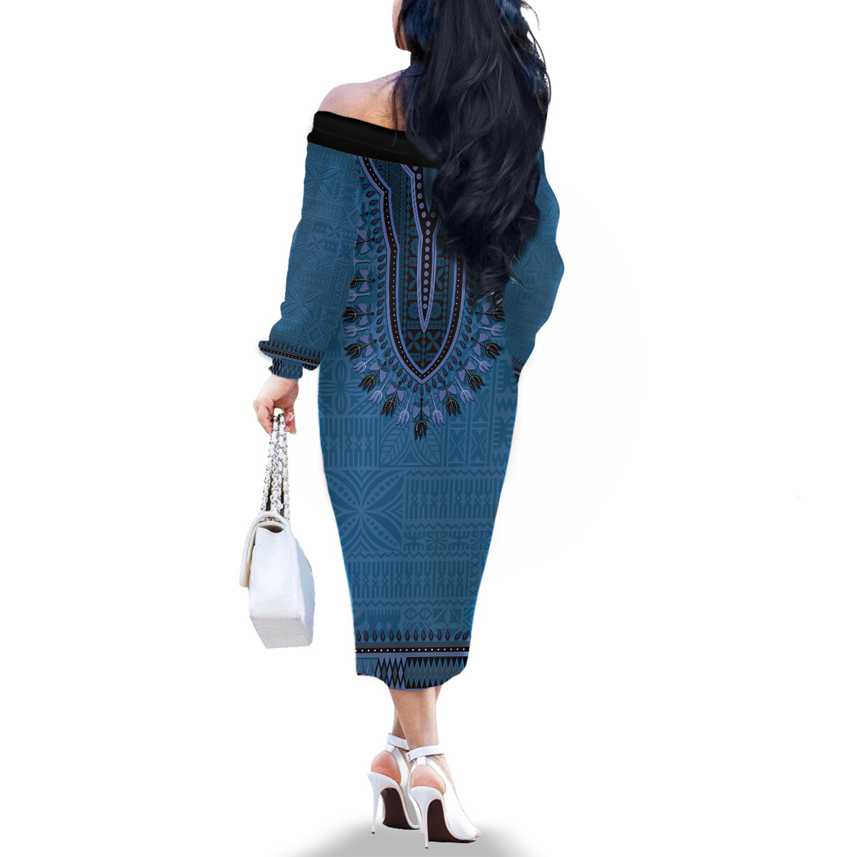 Blue African Dashiki With Fijian Tapa Pattern Family Matching Off The Shoulder Long Sleeve Dress and Hawaiian Shirt LT14 - Polynesian Pride