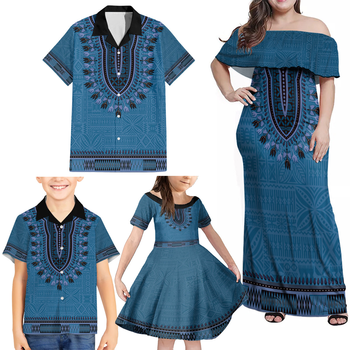 Blue African Dashiki With Fijian Tapa Pattern Family Matching Off Shoulder Maxi Dress and Hawaiian Shirt LT14 - Polynesian Pride