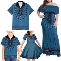 Blue African Dashiki With Fijian Tapa Pattern Family Matching Off Shoulder Maxi Dress and Hawaiian Shirt LT14 - Polynesian Pride