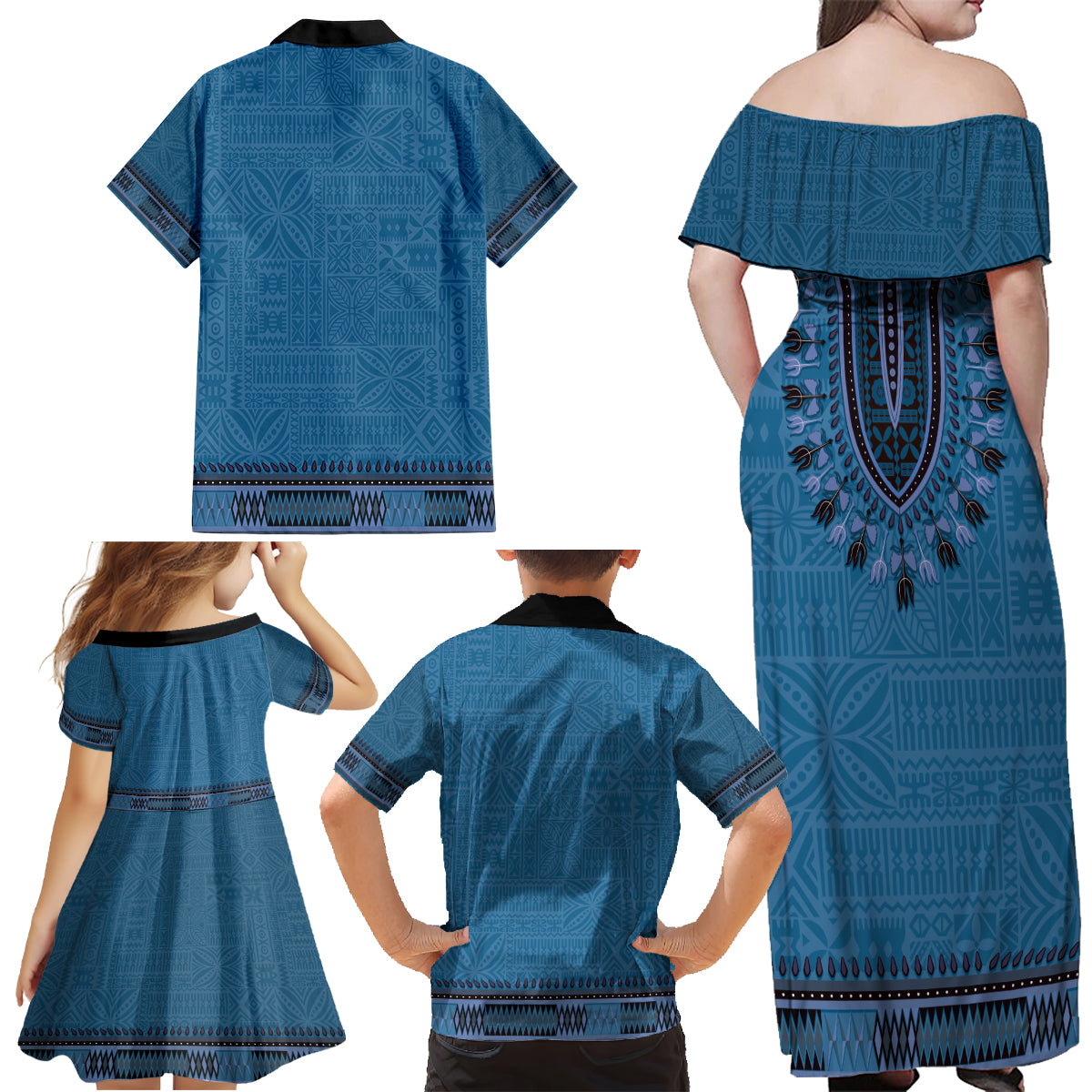 Blue African Dashiki With Fijian Tapa Pattern Family Matching Off Shoulder Maxi Dress and Hawaiian Shirt LT14 - Polynesian Pride