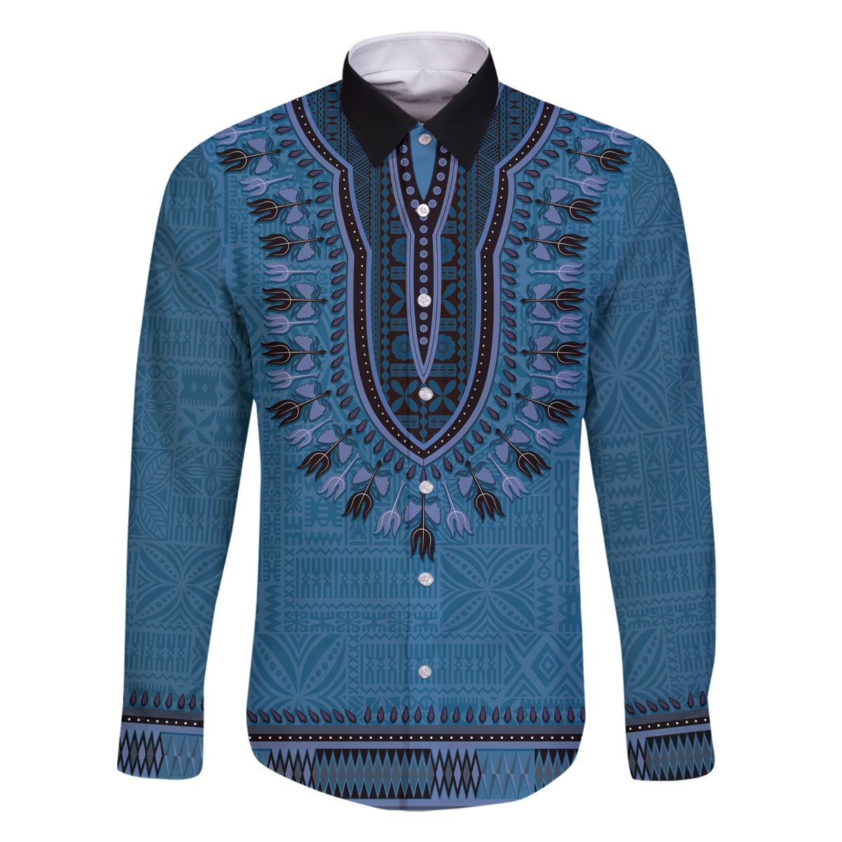 Blue African Dashiki With Fijian Tapa Pattern Family Matching Off Shoulder Maxi Dress and Hawaiian Shirt LT14 Dad's Shirt - Long Sleeve Blue - Polynesian Pride
