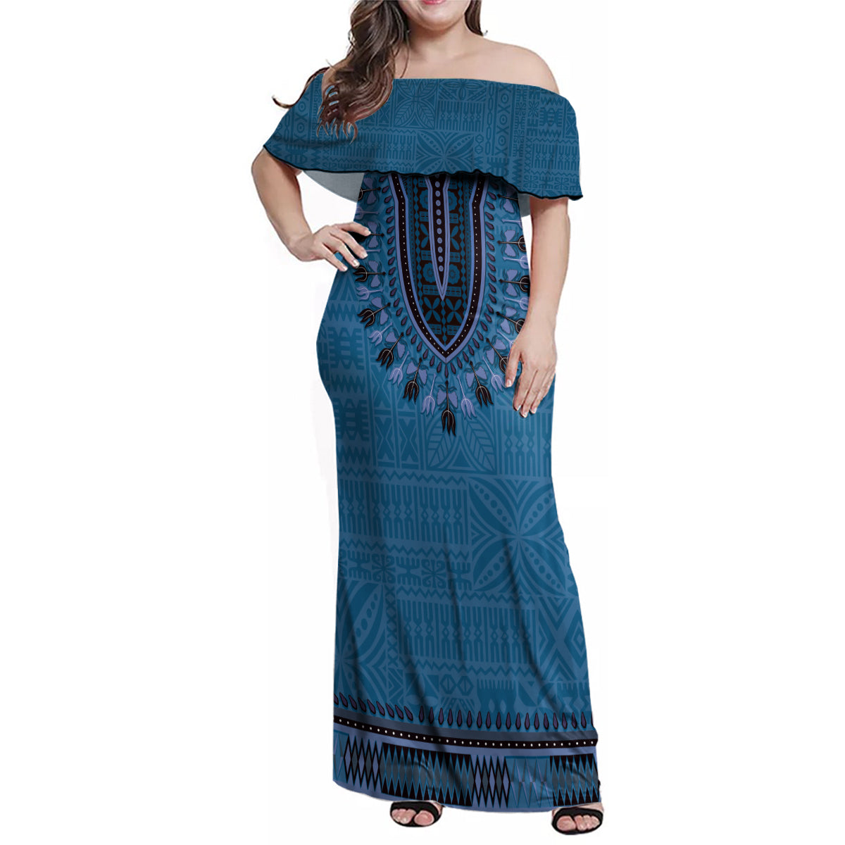 Blue African Dashiki With Fijian Tapa Pattern Family Matching Off Shoulder Maxi Dress and Hawaiian Shirt LT14 Mom's Dress Blue - Polynesian Pride