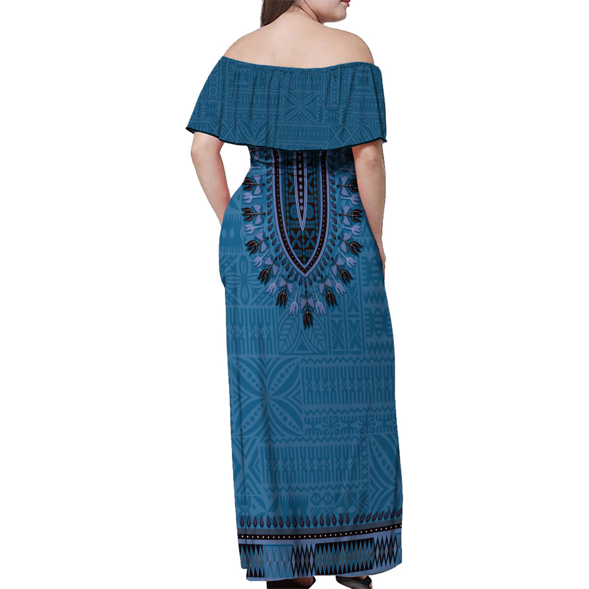 Blue African Dashiki With Fijian Tapa Pattern Family Matching Off Shoulder Maxi Dress and Hawaiian Shirt LT14 - Polynesian Pride