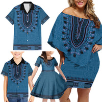 Blue African Dashiki With Fijian Tapa Pattern Family Matching Off Shoulder Short Dress and Hawaiian Shirt LT14 - Polynesian Pride