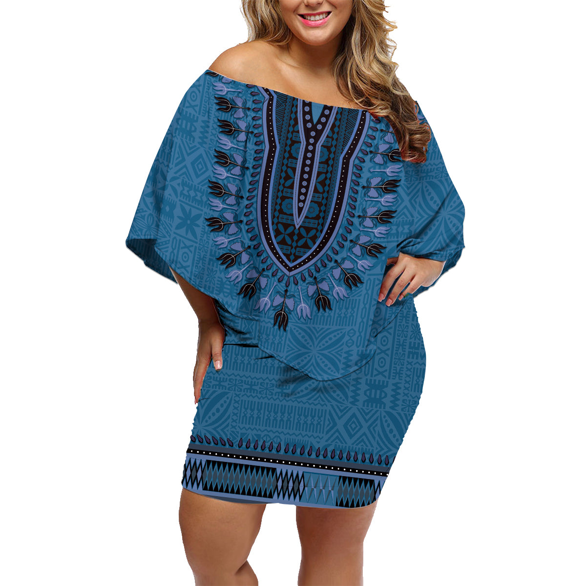 Blue African Dashiki With Fijian Tapa Pattern Family Matching Off Shoulder Short Dress and Hawaiian Shirt LT14 Mom's Dress Blue - Polynesian Pride