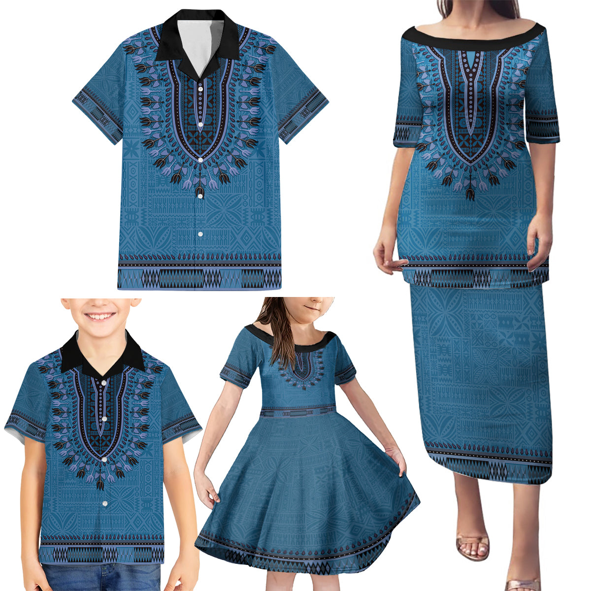 Blue African Dashiki With Fijian Tapa Pattern Family Matching Puletasi and Hawaiian Shirt LT14 - Polynesian Pride