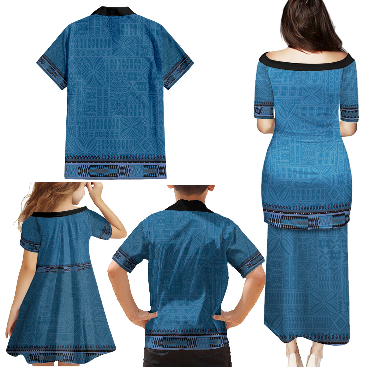 Blue African Dashiki With Fijian Tapa Pattern Family Matching Puletasi and Hawaiian Shirt LT14 - Polynesian Pride